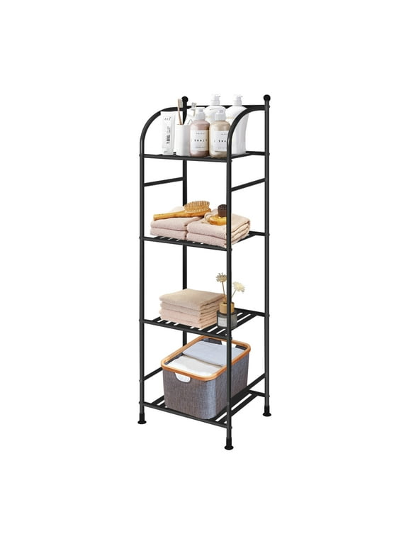 Forthcan Bathroom Storage Shelf, 4 Tier Storage Rack for Small Space, Freestanding Storage Organizer, Metal Corner Shelf, Black