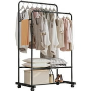 Forthcan Clothing Rack with Wheels Hanging Clothes Free Standing Metal Garment Rack with Two Lower Storage, Black