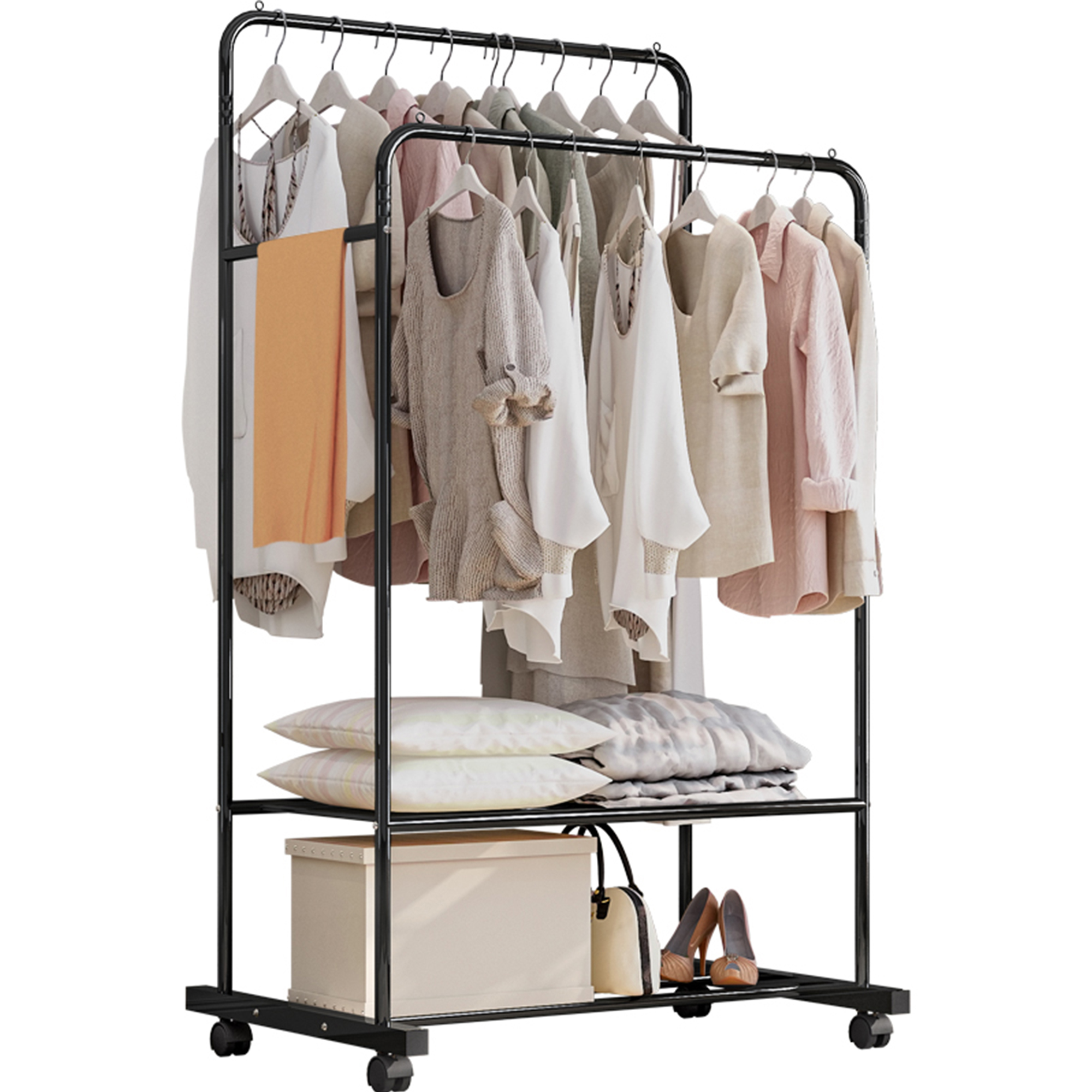 IRIS USA Metal Garment Rack with 2 Wood Shelves, Black and Dark Brown ...