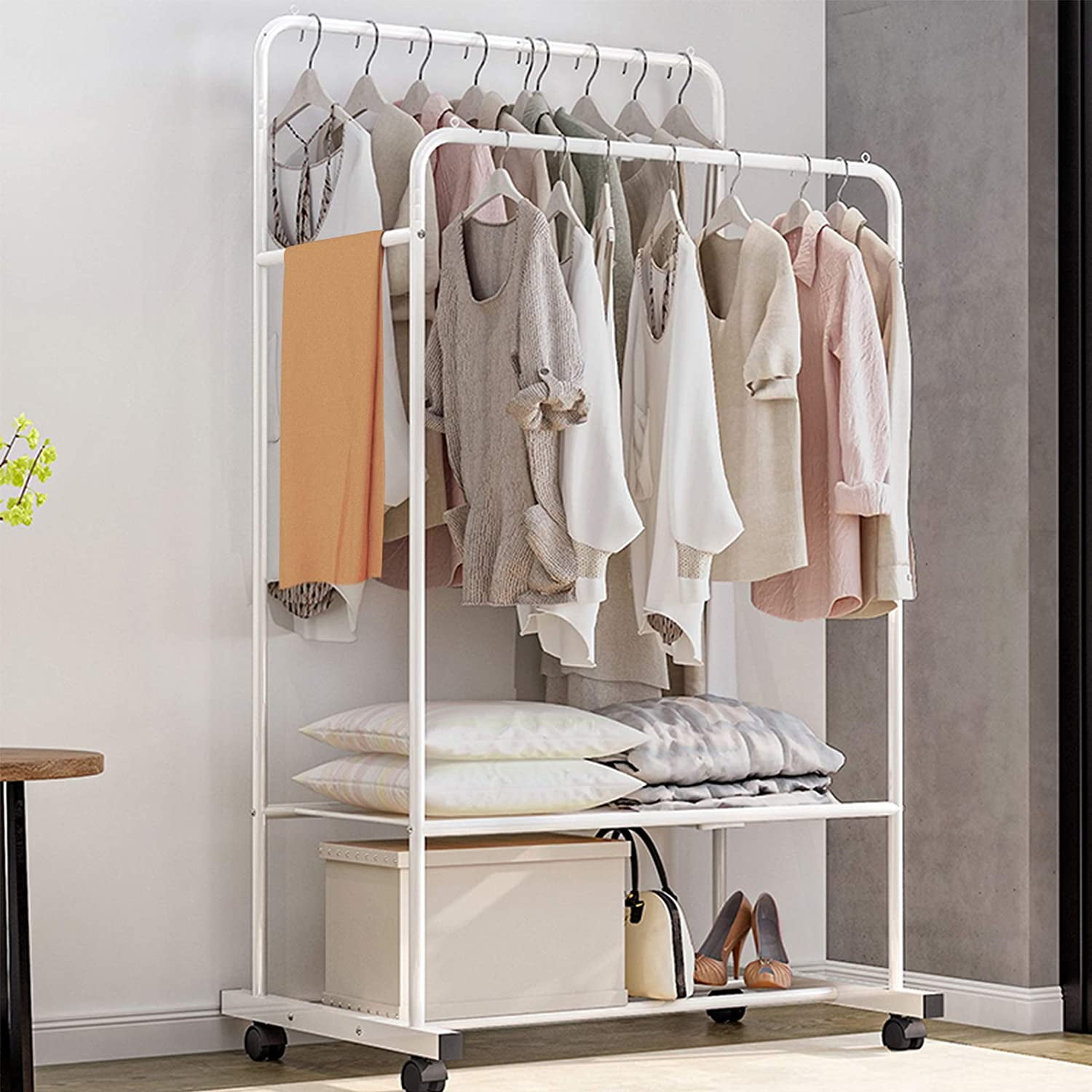 Forthcan Garment Rack with Wheels Freestanding Hanger Double Pole Multi functional Bedroom Clothing Rack Metal Clothing Garment Rack with