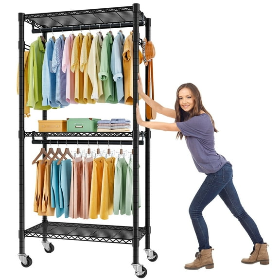Forthcan Heavy Duty Rolling Clothes Hanging Rack Clothing Rack Wardrobe Closet with Double Rods Clothes Rail with Storage Shelves