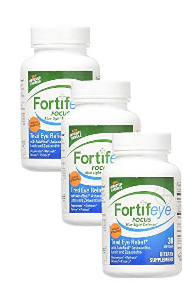 Fortifeye Vitamins Focus Eye Care Supplement, Complex Mix of Macular Carotenoids Including Astaxanthin, Lutein, and Zeaxanthin - 90 Day Supply (3 Bottles of 30), Softgel Capsules