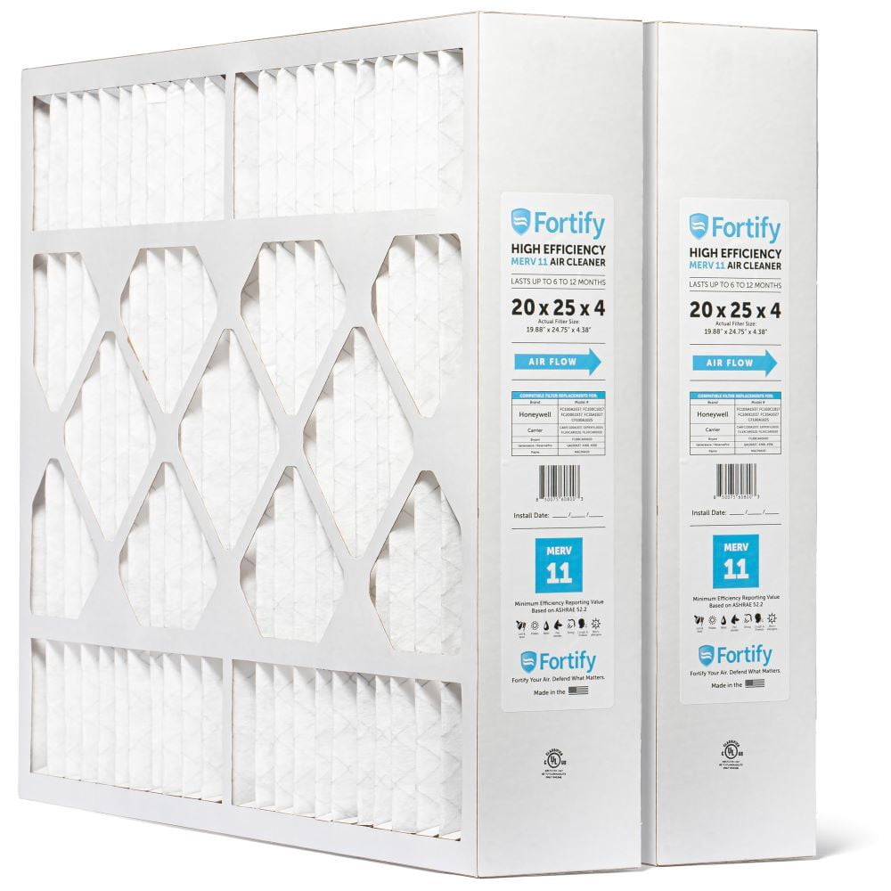 Fortify 20x25x4 MERV 11 Replacement for Honeywell FC100A1037 and Carrier Pleated HVAC AC Furnace Filters. (2-Pack) Actual Size: 19.88 x 24.75 x 4.38