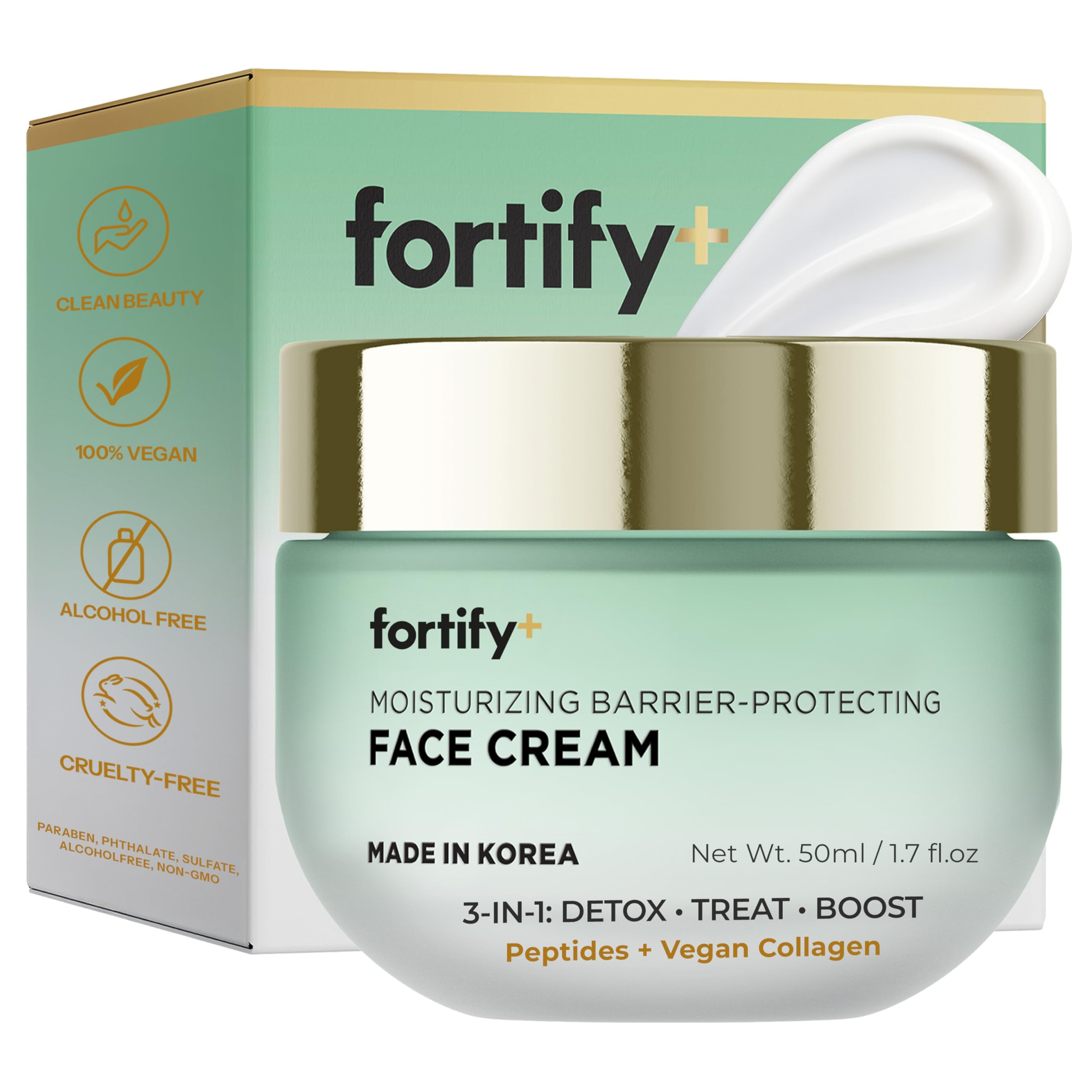 Fortify Skincare Face Cream with Peptides & Collagen 3-in-1: Detox, Treat, Boost Hydrating, Firming, Anti-Aging Moisturizer Dermatologist Tested Korean Skin Care Vegan, Clean Beauty 1.7 Oz