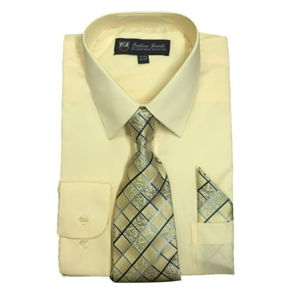 Fortino Landi Men's Long Sleeve Dress Shirt with Matching Tie and Handkerchief