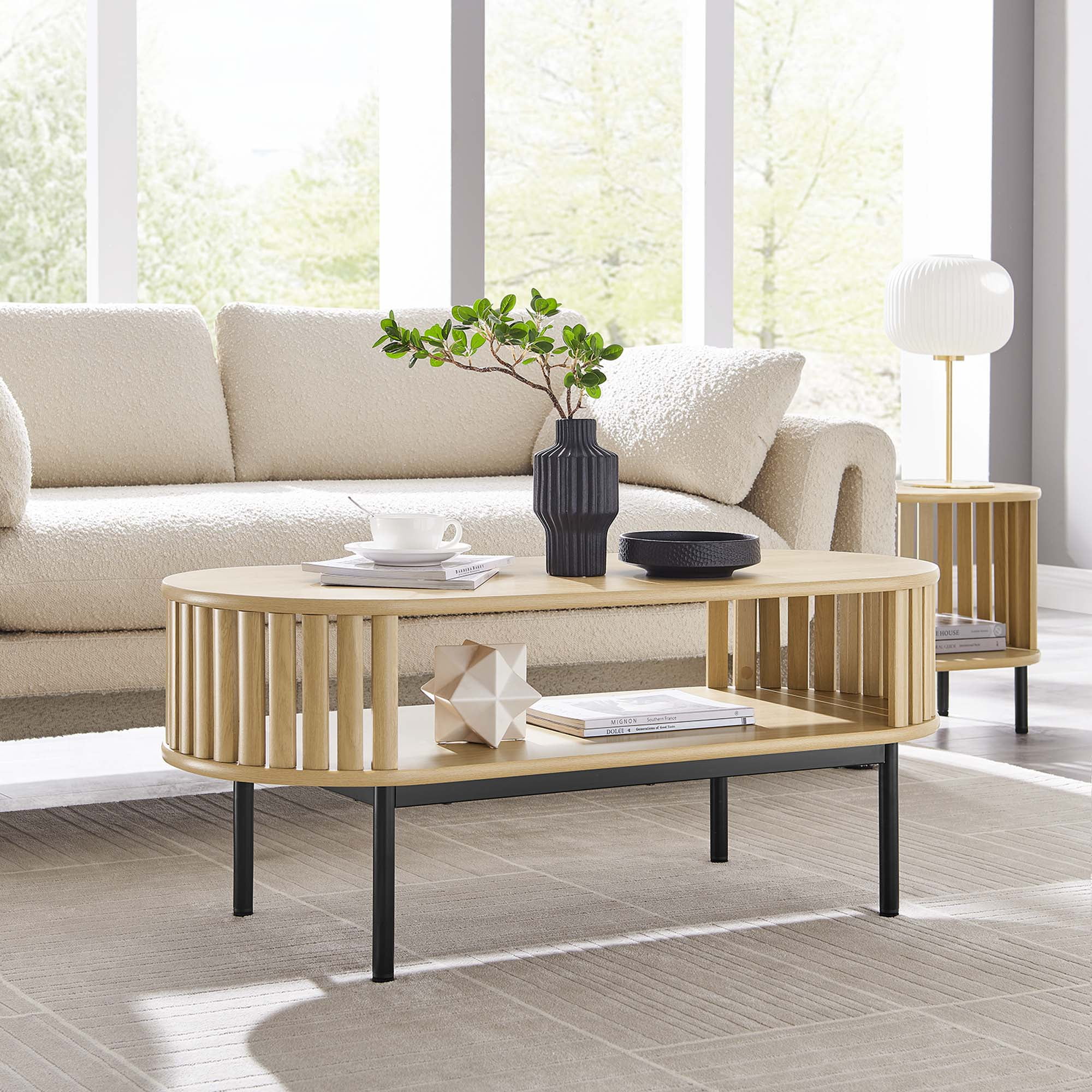 Oak Oval Wood Coffee Table with Black Metal Legs