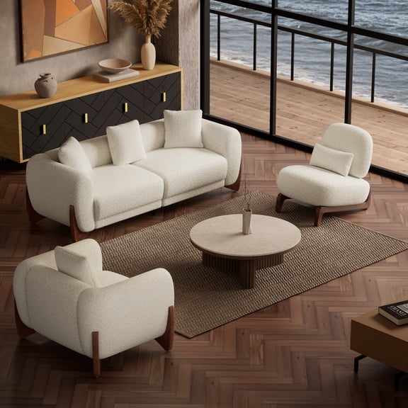 Fortmok Modern 3-Piece Living Room Sofa Set, Lamb Fleece Fabric 3 Seater Sofa & Accent Chair & Single Sofa, Upholstered Cloud Couch with Throw Pillows, Pet-Friendly Curved Sofas, White