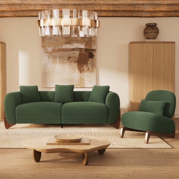 Fortmok Modern Boucle Fabric Sofa Set - 1 Sofa and 1 chair with Sleek Wooden Legs for Living Room or Home Office