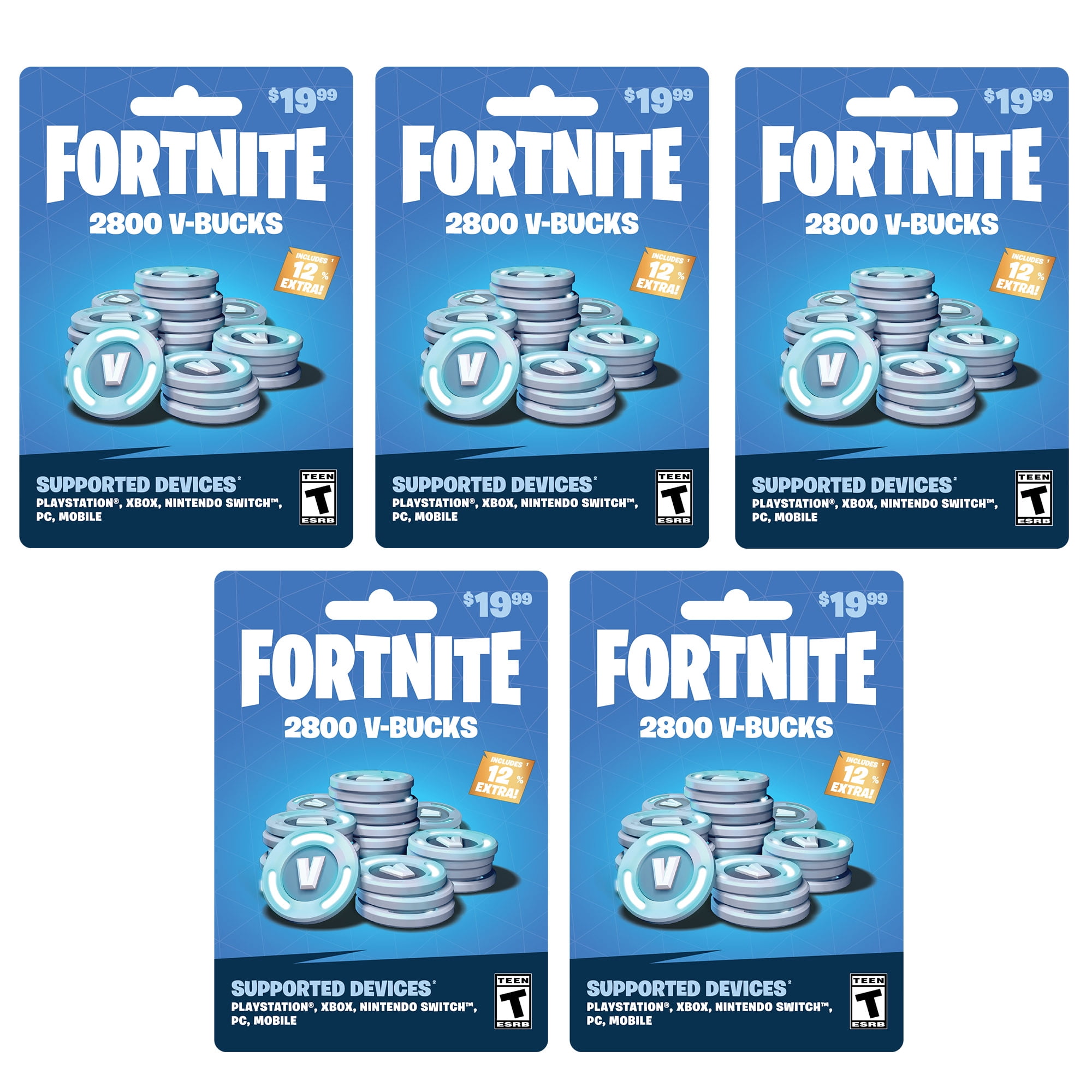 Fortnite 14 000 V-Bucks, 5 x $ 19,99 Cartes $ 99,95 Cartes physiques, boîte  de vitesses