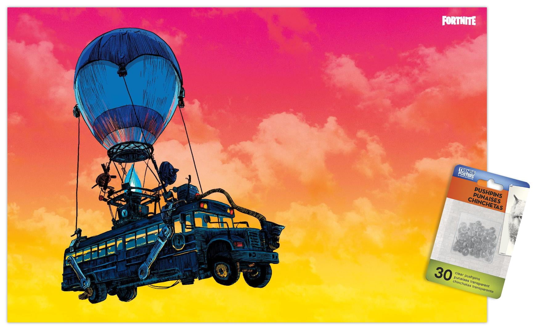 Fortnite - Battle Bus Landscape Wall Poster with Push Pins, 14.725" x 22.375"