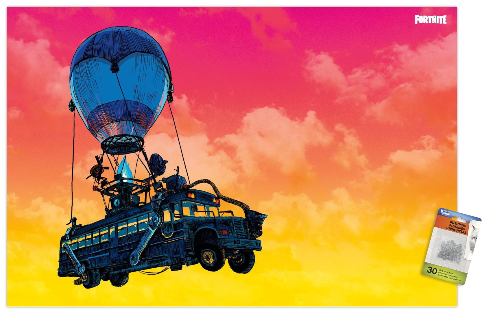 Fortnite - Battle Bus Landscape Wall Poster with Push Pins, 22.375" x 34"