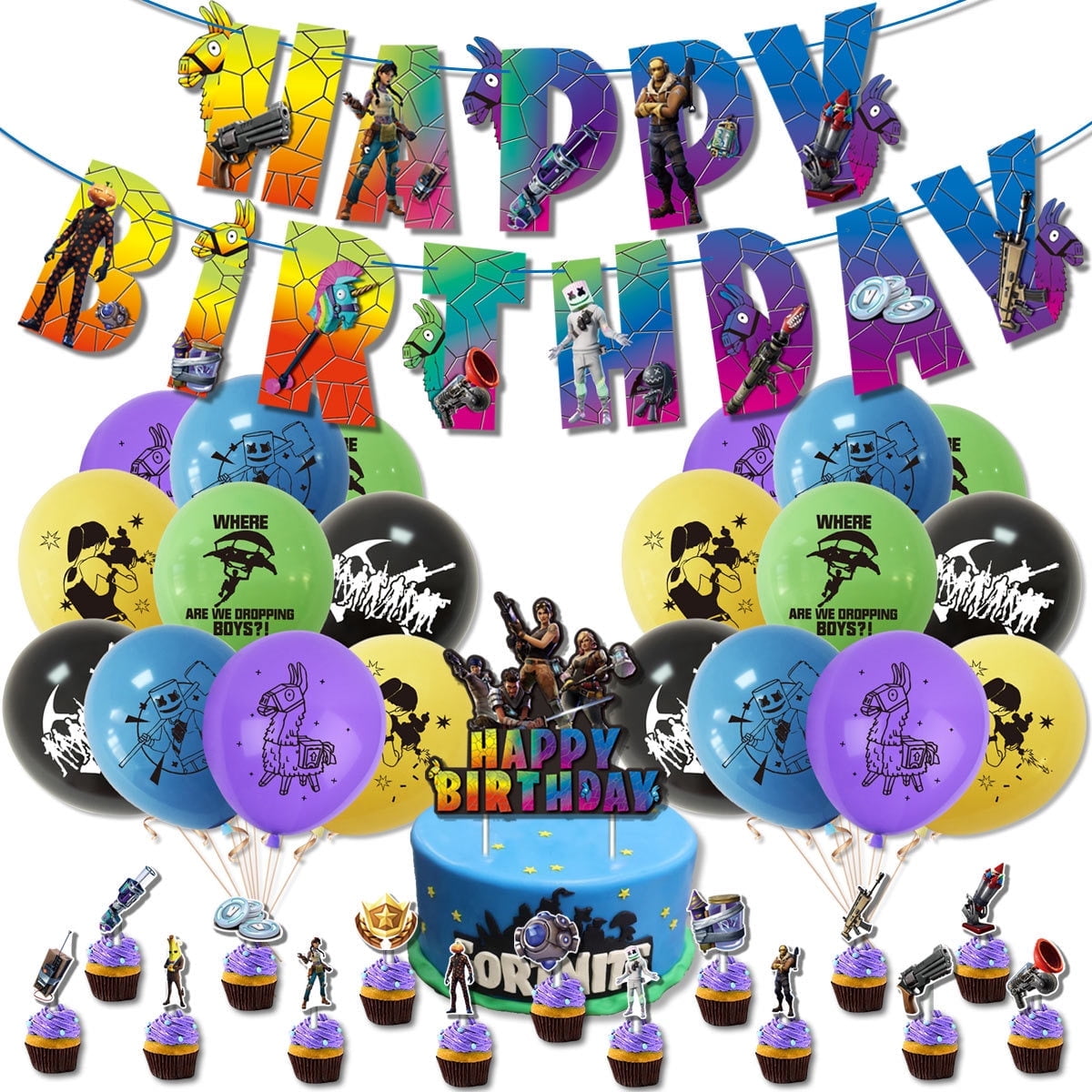 Fortnite Birthday Decorations - 49 Pcs Video Game Fortnite Birthday Party Supplies Set Include Happy Birthday Banner, Cake Topper, 15 Cupcake Toppers, 20 Latex Balloons
