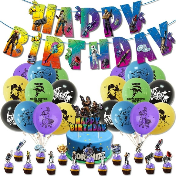 Fortnite Birthday Decorations - 49 Pcs Video Game Fortnite Birthday Party Supplies Set Include Happy Birthday Banner, Cake Topper, 15 Cupcake Toppers, 20 Latex Balloons