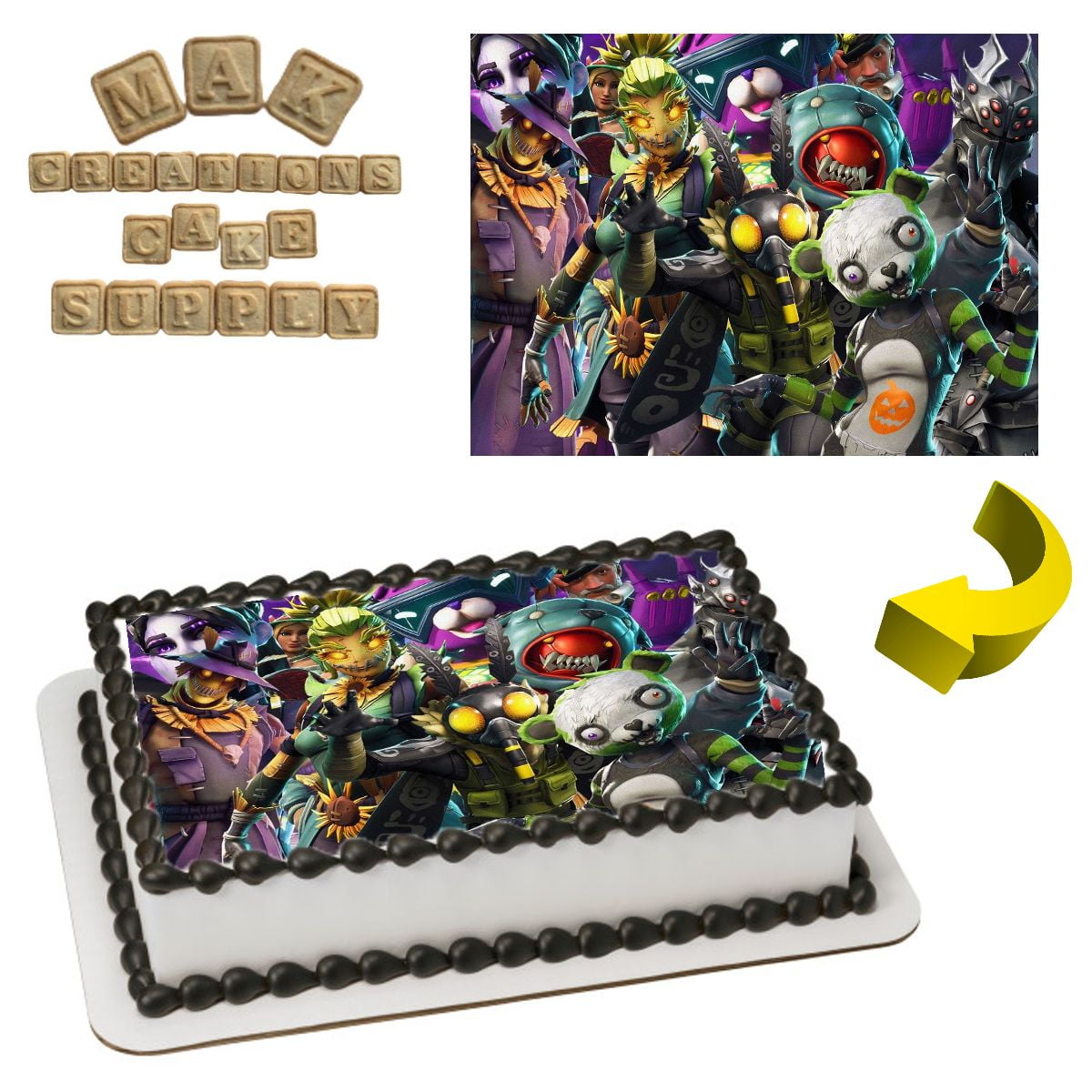 Fortnite Design 1 Edible 1/4 Sheet Cake topper - Can also be used on a 1/2 Sheet with room to decorate!