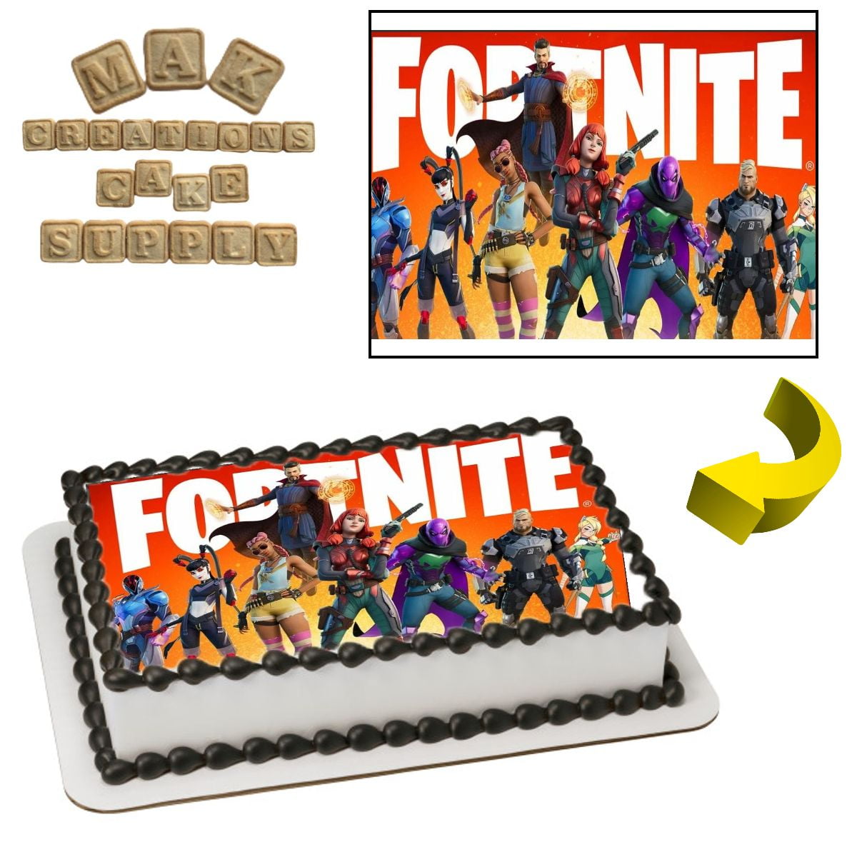 Fortnite Design 2 Edible 1/4 Sheet Cake topper - Can also be used on a 1/2 Sheet with room to decorate!