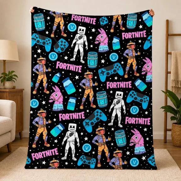 Fortnite Gaming Flannel Blanket, Character Controller Llama and V-Bucks Print, Soft Lightweight Cozy Throw for Sofa, Bedroom, Naps, Gamer Gifts