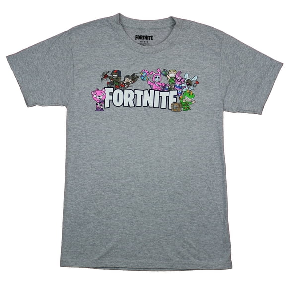Fortnite Mens T-Shirt  - Chibi Characters Allover Block Letter Logo (Medium)