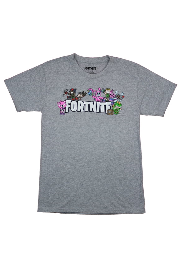 Fortnite Mens T-Shirt - Chibi Characters Allover Block Letter Logo (Medium)