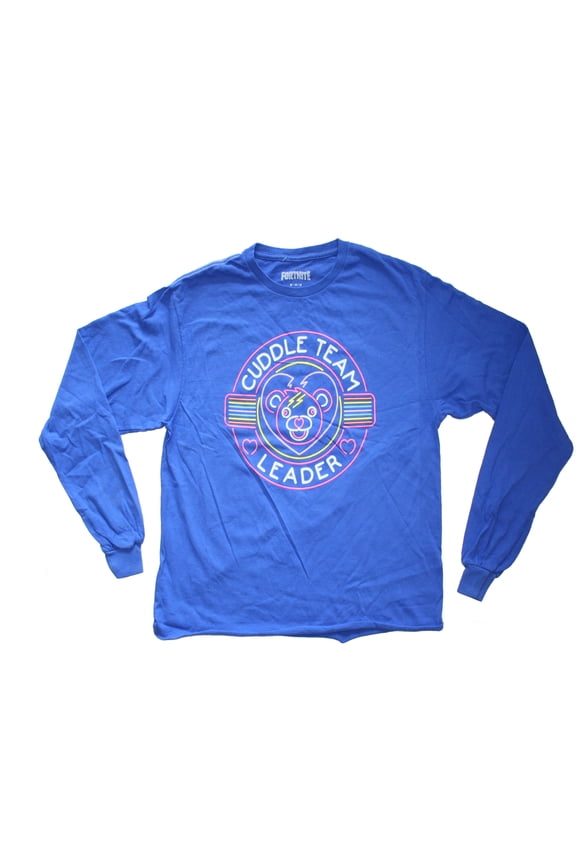Fortnite Neon Cuddle Team Leader Long Sleeve, Raw Cut Junior Women's Blue T-Shirt (Large)