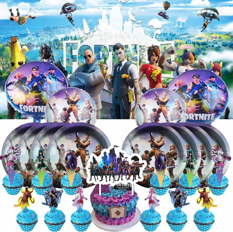 Fortnite Party Supplies Paper Plates Decorations Vedio Game Balloons Birthday Cake Topper Banner Decor Backdrop