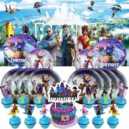Fortnite Party Supplies Paper Plates Decorations Vedio Game Balloons Birthday Cake Topper Banner Decor Backdrop