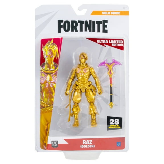 Fortnite Raz (Golden) Solo Mode - 4 inch Articulated Figure with Crystal Axe of the Masters Accessory