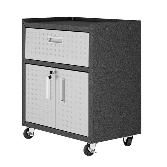 Fortress Textured Metal 31.5" Garage Mobile Cabinet with 1 Full Extension Drawer and 2 Adjustable Shelves in Grey