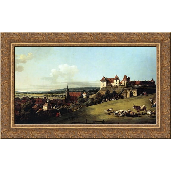 Fortress of Sonnenstein above Pirna 24x16 Gold Ornate Wood Framed Canvas Art by Bernardo Bellotto