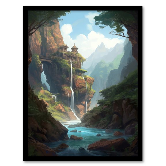 Fortress on a Waterfall Cliff Concept Art Painting Fantasy Kingdom Entrance in Enchanted Forest Art Print Framed Poster Wall Decor 12x16 inch