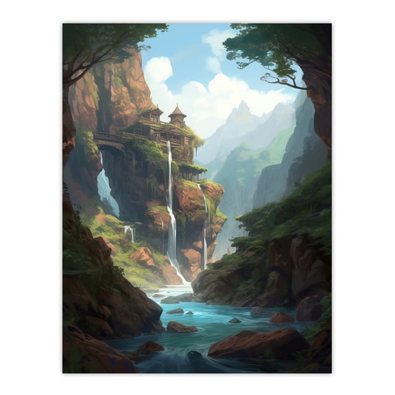 Fortress on a Waterfall Cliff Concept Art Painting Fantasy Kingdom Entrance in Enchanted Forest Unframed Wall Art Print Poster Home Decor Premium