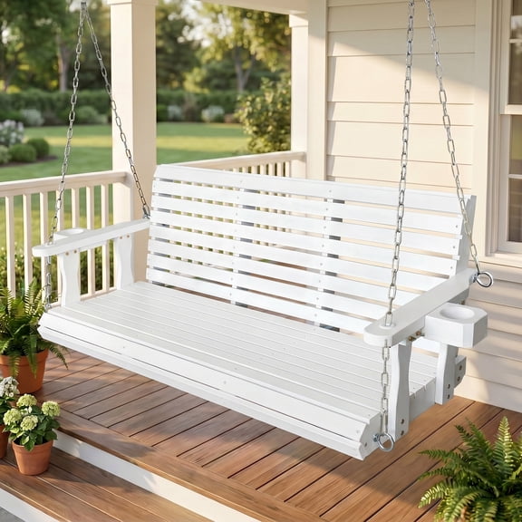 Fortune Candy 3 Person Outdoor Wood Hanging Swing, Heavy Duty 880 lbs Wood Porch Swing, White-5ft