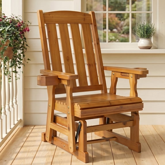 Fortune Candy 37.6 in. Wood Patio Glider with Deep Contoured Seat, Heavy Duty 600 lbs, for Outdoor Patio Garden, Teak Tone