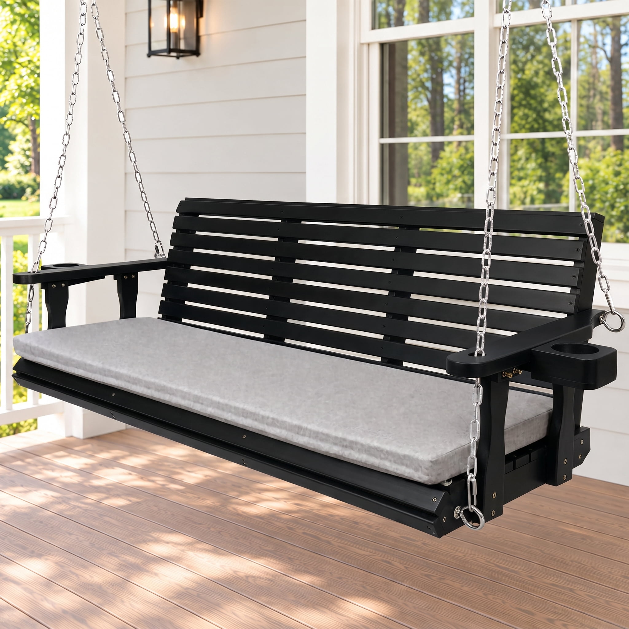 Fortune Candy 5FT Wooden Porch Swing 3-Seat w/Cushion, Cup Holders ...