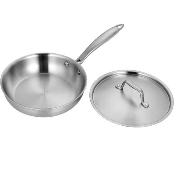 Fortune Candy 8-Inch Fry Pan with Lid, 3-ply Skillet, 18/8 Stainless Steel, Dishwasher Safe, Induction Ready, Silver (Mirror Finish)