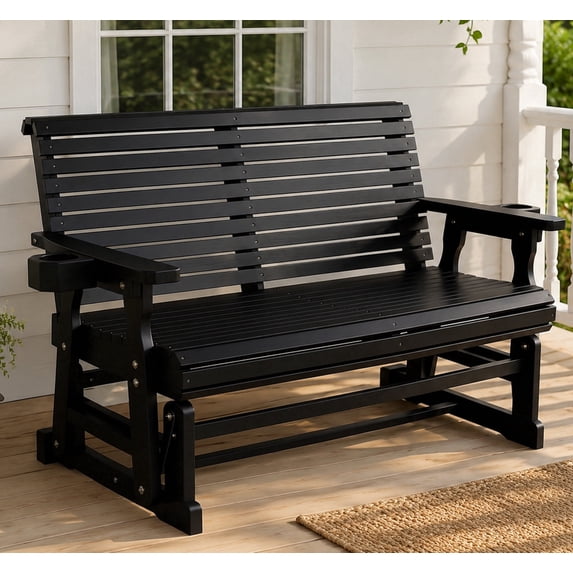 Fortune Candy Outdoor Wood Glider with High Roll Back and Cup Holders, Heavy Duty 800 lbs, Black