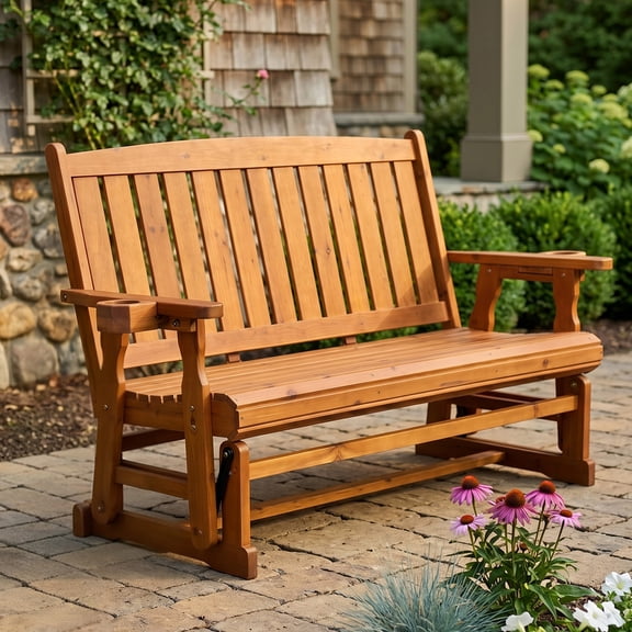 Fortune Candy Patio Glider, with Cup Holders, High Back and Deep Contoured Seat, Heavy Duty 800 lbs (Teak Tone, 3-Seater)