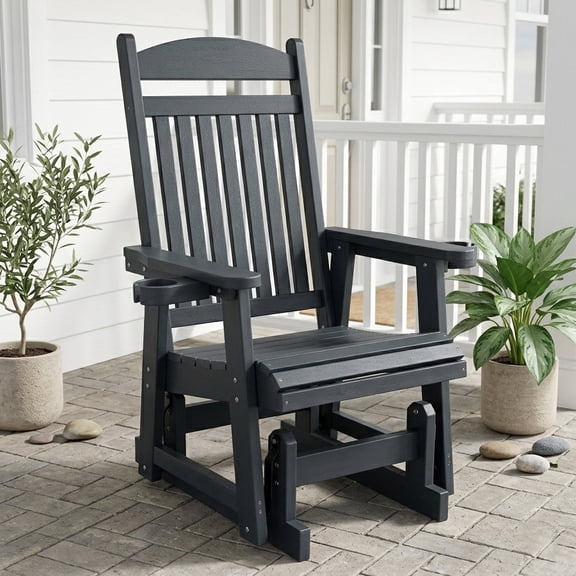 Mosbrisa HIPS Patio Glider with Cup Holders, High Backrest and Deep Seat, for Outdoor, Porch, Patio, Heavy Duty 700 lbs, Black