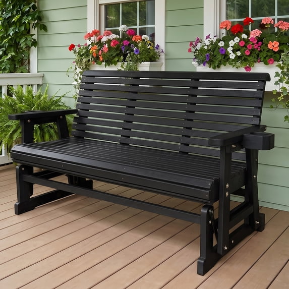 Fortune Candy Wood 5 ft. Patio Glider 3-Seater with Cup Holders and High Roll Back, Heavy Duty 800 lbs, for Outdoor Patio Garden, Black