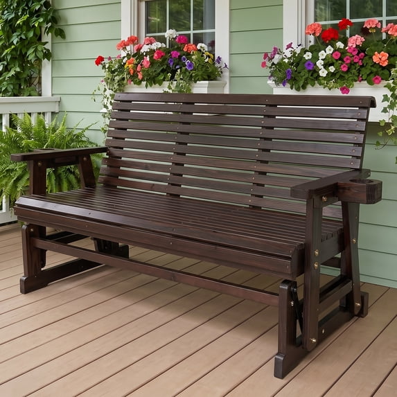 Fortune Candy Wood 5 ft. Patio Glider 3-Seater with Cup Holders and High Roll Back, Heavy Duty 800 lbs, for Outdoor Patio Garden, Teak tone