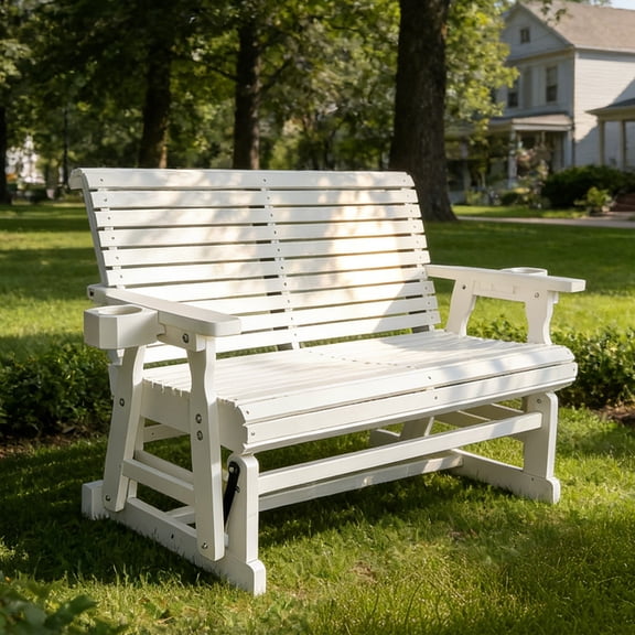 Fortune Candy Wood Patio Glider with High Roll Back and Cup Holders, All Weather Resistant, for Outdoor Patio Garden, White