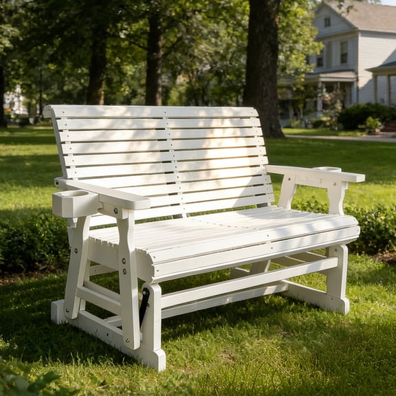 Fortune Candy Wood Patio Glider with High Roll Back and Cup Holders, All Weather Resistant, for Outdoor Patio Garden, White