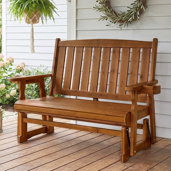 Fortune Candy Wooden Patio Glider, with Cup Holders, High Back and Deep Contoured Seat, Solid Fir Wood, Heavy Duty 800 lbs (Teak Tone, 2-Seater)