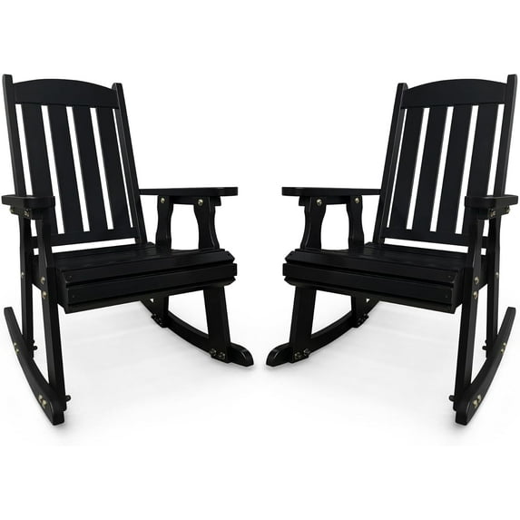Fortune Candy Wooden Patio Rocking Chair with High Backrest and Deep Contoured Seat, Black, Set of 2