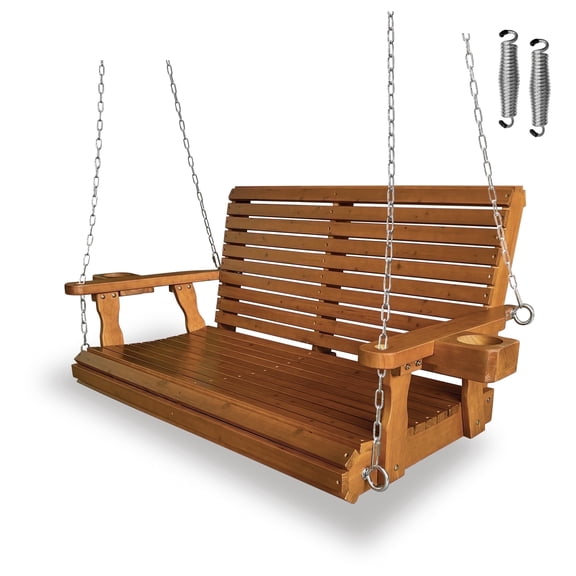Fortune Candy Wooden Porch Swing 2-Seater, High Backrest and Deep Seat, Bench Swing with Cupholders, Hanging Chains and 7mm Springs, Heavy Duty 880 lbs, for Outdoor Patio Garden (Cedar Tone - 4 ft)