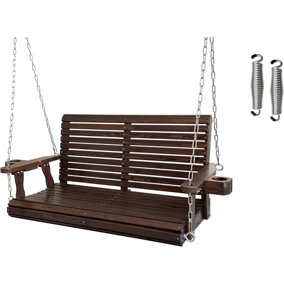 Fortune Candy 4 ft Wooden Porch Swing with Cupholders & Chains, 880 lb Capacity, Deep Brown