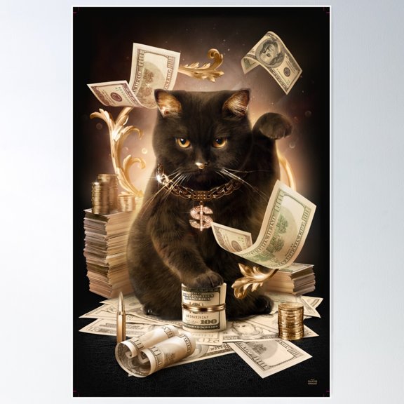 Fortune Cash Cat Gold Poster Wall Art, Modern Wall Decor For Living Room Bedroom, 12x18 UNFRAMED