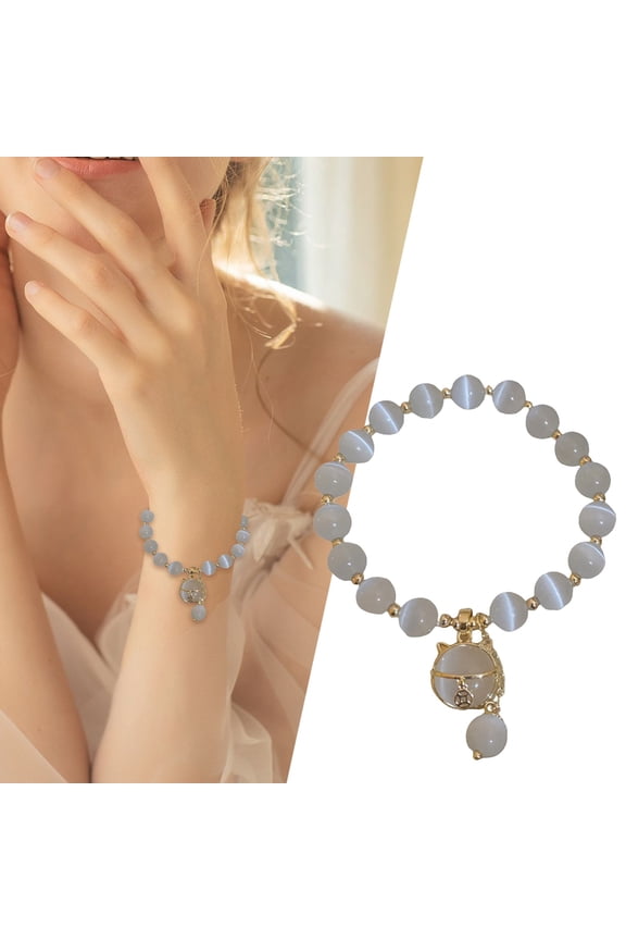 Fortune Cat Bracelet Crystal Cat Bracelet for Women Natural Stone Beaded Bracelet Protection Healing Crystals Gemstones Stretch Cat Bracelet Jewelry Gifts for Good Luck Mother's Day Birthday Gift
