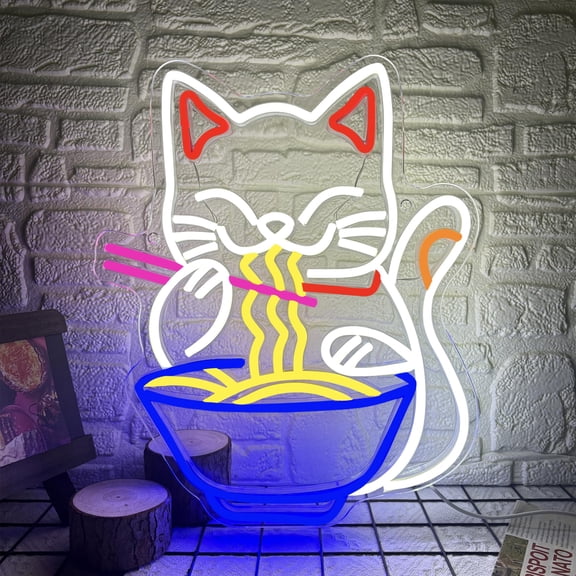 Fortune Cat Ramen Neon Sign, Dimmable Japanese Lucky Cat Noodle LED Neon Sign for Wall Decor, USB Powered for Restaurant Bar Party Bedroom Birthday Gifts(15.7 * 12.7in) Y101