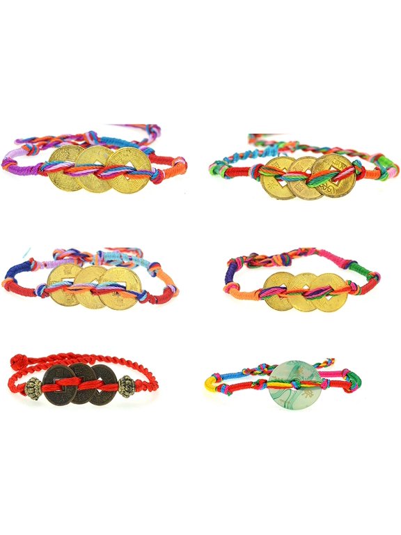 Fortune Coin Bracelets- Multicolored, Braided Cotton Thread, Handmade, Good Luck, Lightweight, Graduation Day, Friendship Day Gifts, Ponytail Bands, 6 Pieces