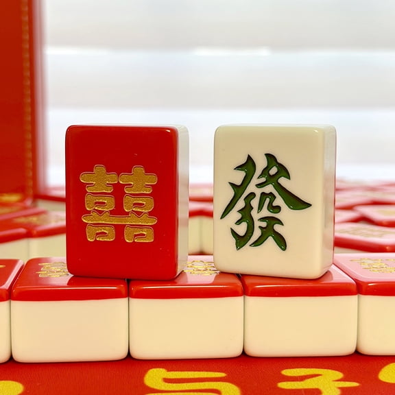 Fortune & Joy Celebration Collection: Professional Hand-Shuffled Mahjong Tiles with Artistic Double Happiness Engravings, Luxurious Festive Red Game Set for Wedding and New Year Gifts